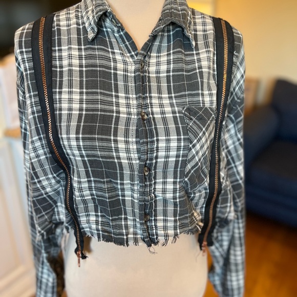 FURST OF A KIND Shirt Gray White Plaid Cropped Destroyed Zippers Rare Upcycled - Picture 1 of 11